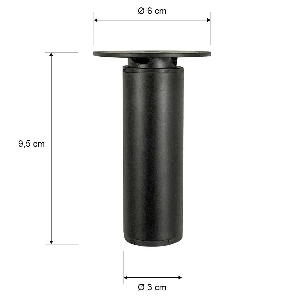 Stalen verstelbare meubelpoot zwart rond ø 3 cm en hoogte 9,5 cm (set van 4 stuks)